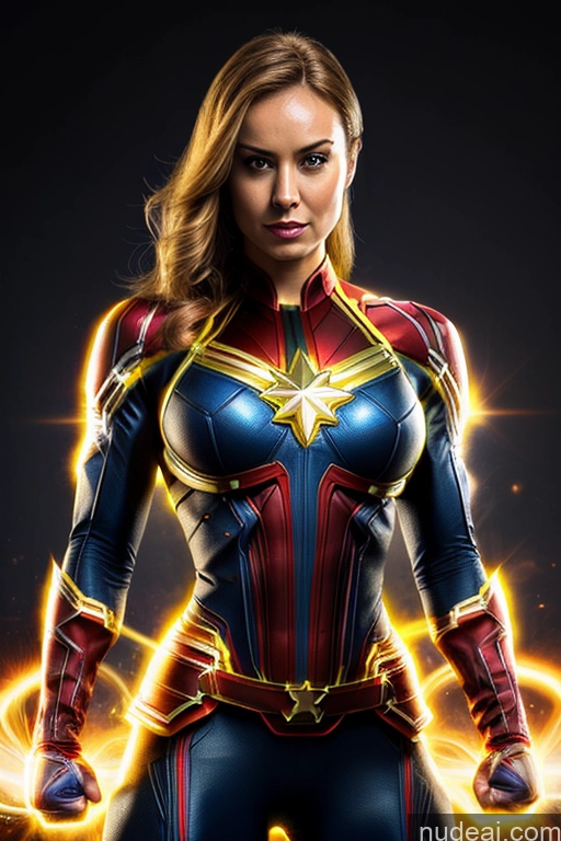 Busty Superhero Cosplay Captain Marvel Superheroine Muscular Science Fiction Style Space Dynamic View Heat Vision Neon Lights Clothes: Red Powering Up Neon Lights Clothes: Orange Neon Lights Clothes: Yellow Abs