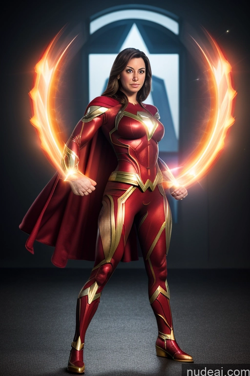 ai nude image of a woman in a red and gold costume holding a glowing circle pics of Front View Superheroine Muscular Superhero Cosplay Busty Powering Up Mary Thunderbolt