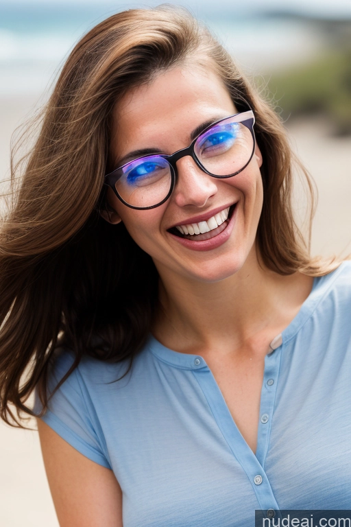 ai nude image of smiling woman with glasses on her face and a blue shirt pics of Skinny 18 Happy Laughing Brunette White Back View Short Glasses