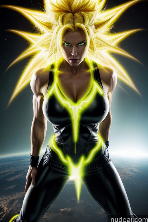 Super Saiyan 3 Muscular Cosplay Busty 18 Super Saiyan Science Fiction Style Neon Lights Clothes: Yellow Neon Lights Clothes: Orange Neon Lights Clothes: Red Dynamic View Space Woman
