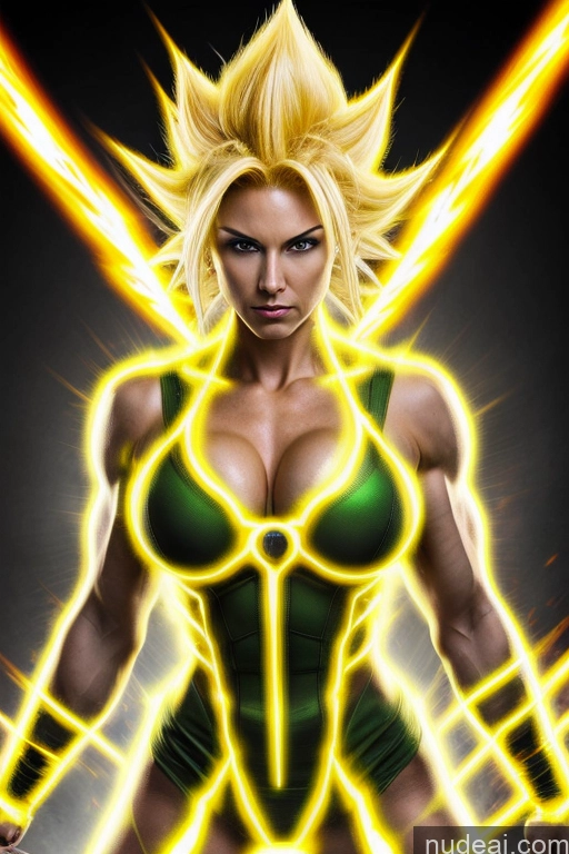 Super Saiyan 3 Muscular Cosplay Busty 18 Super Saiyan Science Fiction Style Neon Lights Clothes: Yellow Neon Lights Clothes: Orange Neon Lights Clothes: Red Dynamic View Woman Heat Vision Powering Up