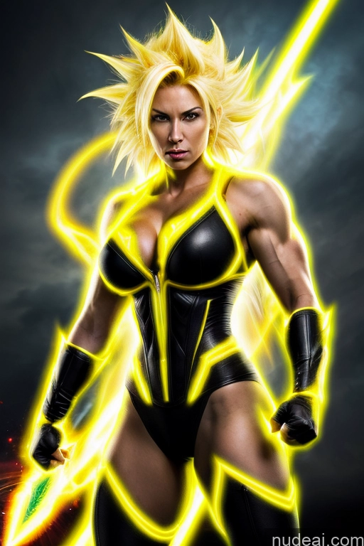 ai nude image of a close up of a woman in a black and yellow outfit pics of Super Saiyan 3 Muscular Cosplay Busty 18 Science Fiction Style Neon Lights Clothes: Yellow Neon Lights Clothes: Orange Neon Lights Clothes: Red Dynamic View Woman Powering Up Super Saiyan Space