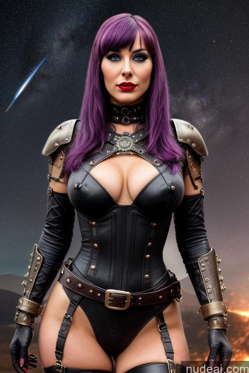 ai nude image of arafed woman in a leather outfit with purple hair and a sword pics of Stargazing Sci-fi Armor Cleavage Seductive Human SexToy Steampunk Military Leather Jewelry Bdsm Alternative Bangs Purple Hair Busty Perfect Boobs Lipstick Bodysuit, Gloves, Belt, Thigh Boots Irish