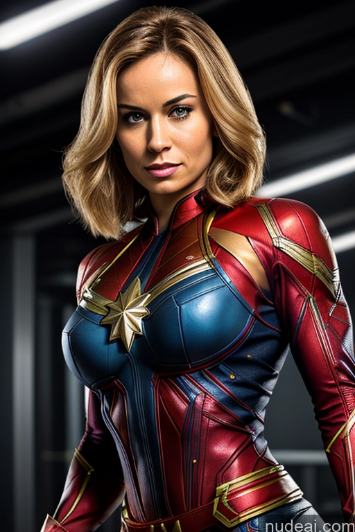 Captain Marvel Superheroine Busty Abs Superhero Powering Up Heat Vision Blonde Cosplay Science Fiction Style Muscular Space