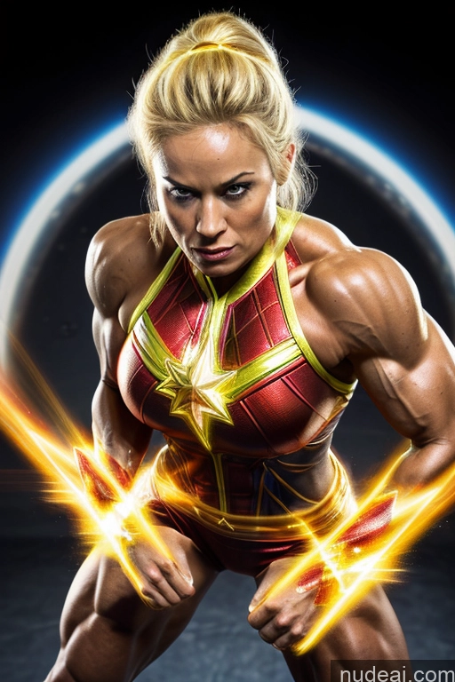 ai nude image of a woman in a red and yellow outfit posing with a sword pics of Captain Marvel Busty Superhero Powering Up Heat Vision Blonde Cosplay Science Fiction Style Bodybuilder Space Neon Lights Clothes: Yellow