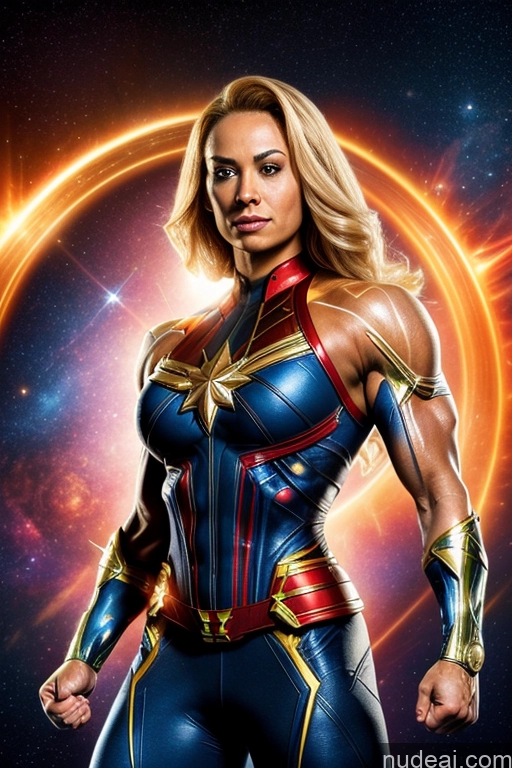 Captain Marvel Busty Superhero Powering Up Blonde Cosplay Science Fiction Style Bodybuilder Space