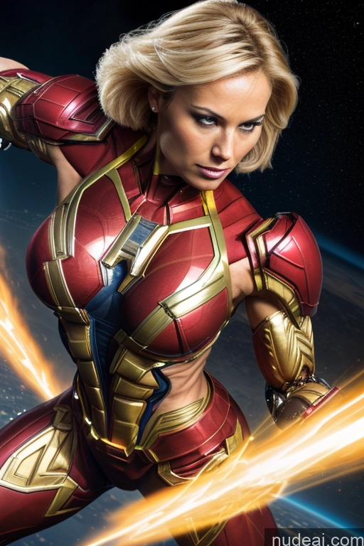 Captain Marvel Busty Superhero Powering Up Blonde Cosplay Science Fiction Style Bodybuilder Abs Space Perfect Boobs Heat Vision SuperMecha: A-Mecha Musume A素体机娘