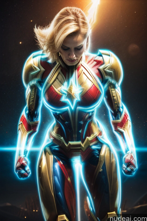 Captain Marvel Busty Superhero Powering Up Blonde Cosplay Science Fiction Style Bodybuilder Abs Space Perfect Boobs Heat Vision SuperMecha: A-Mecha Musume A素体机娘 Neon Lights Clothes: Blue