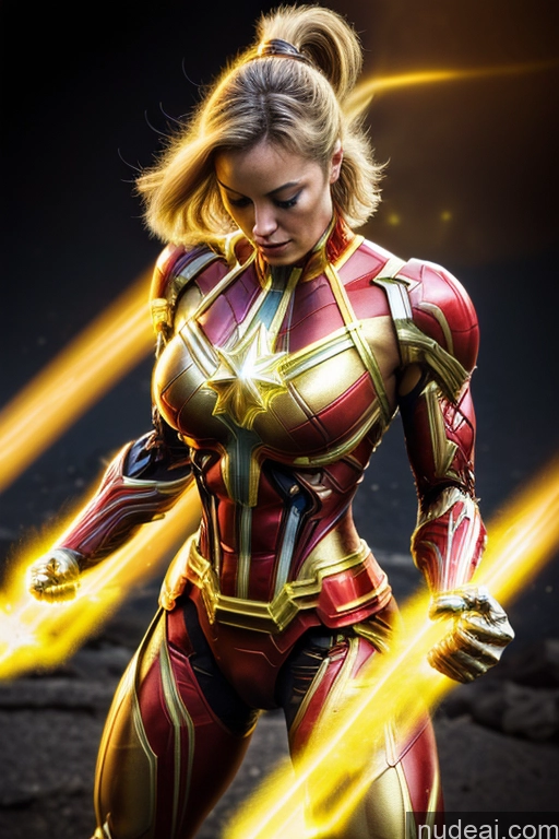 Captain Marvel Busty Superhero Powering Up Cosplay Science Fiction Style Bodybuilder Abs Space Perfect Boobs Heat Vision SuperMecha: A-Mecha Musume A素体机娘 Neon Lights Clothes: Yellow