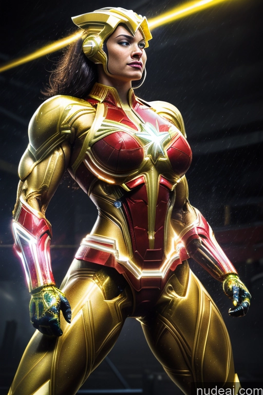 Captain Marvel Busty Superhero Powering Up Cosplay Science Fiction Style Bodybuilder Abs Perfect Boobs Heat Vision SuperMecha: A-Mecha Musume A素体机娘 Neon Lights Clothes: Yellow Shower