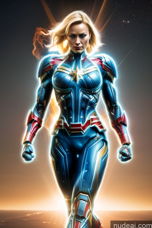 Captain Marvel Busty Superhero Powering Up Cosplay Science Fiction Style Bodybuilder Abs Perfect Boobs Heat Vision SuperMecha: A-Mecha Musume A素体机娘 Space Regal Neon Lights Clothes: Blue