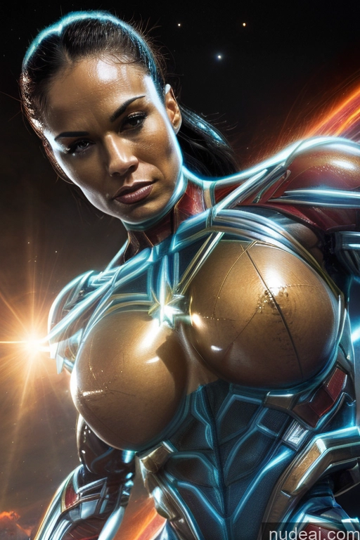 Captain Marvel Busty Superhero Powering Up Cosplay Science Fiction Style Bodybuilder Abs Perfect Boobs Heat Vision SuperMecha: A-Mecha Musume A素体机娘 Space Regal Neon Lights Clothes: Blue Muscular