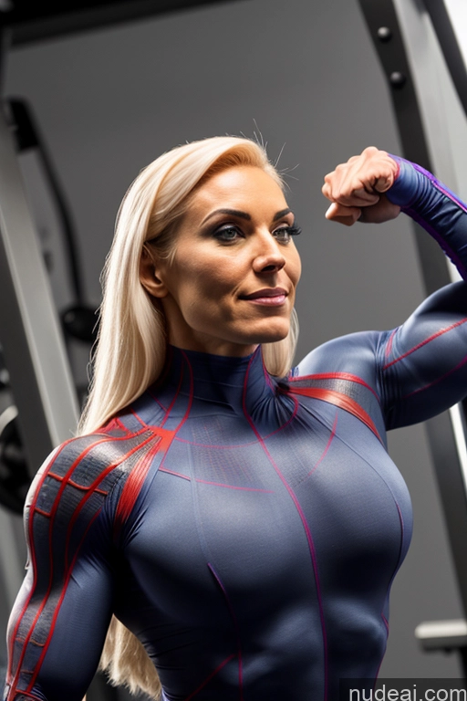 ai nude image of arafed woman in a blue and red suit flexing her muscles pics of Spider-Gwen Busty Cosplay Science Fiction Style Superhero Front View Bodybuilder