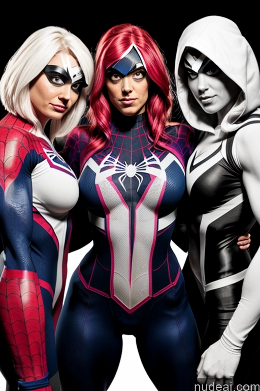 ai nude image of three women dressed in costumes posing for a photo pics of Spider-Gwen Busty Front View Muscular