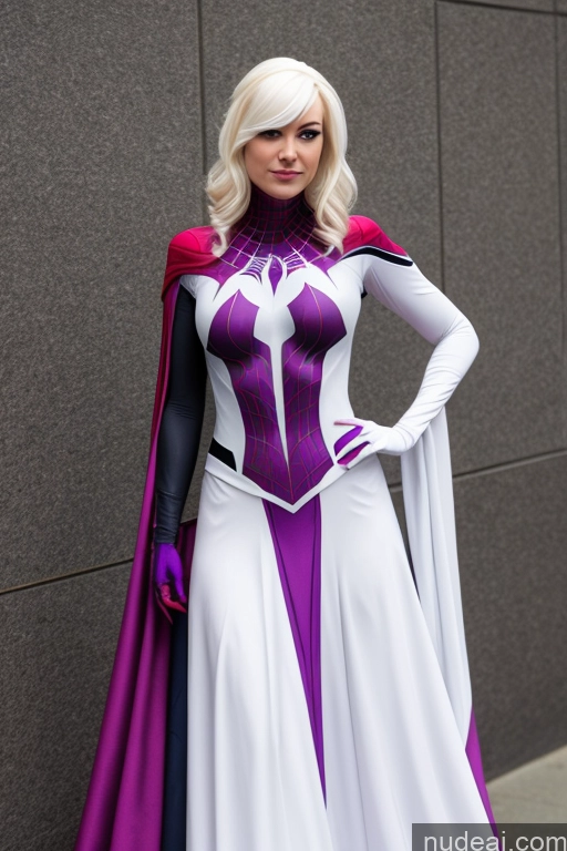 ai nude image of araffe dressed in a white and purple costume standing in front of a wall pics of Spider-Gwen Regal Cosplay
