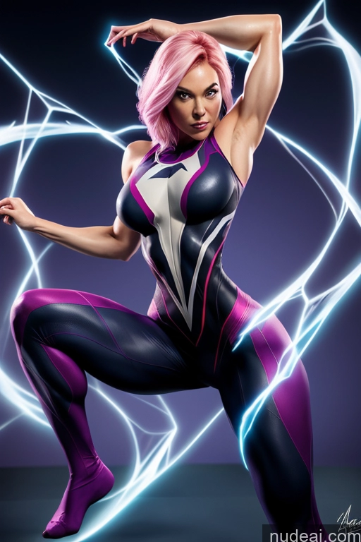 ai nude image of arafed woman in a black and purple suit posing with her arms outstretched pics of Spider-Gwen Busty Muscular Powering Up