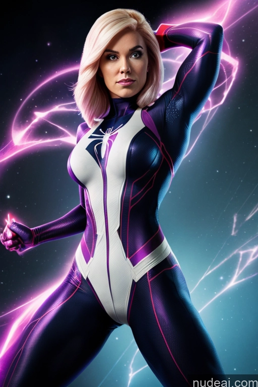 ai nude image of a woman in a purple and white suit standing in front of a blue background pics of Spider-Gwen Busty Muscular Powering Up Space