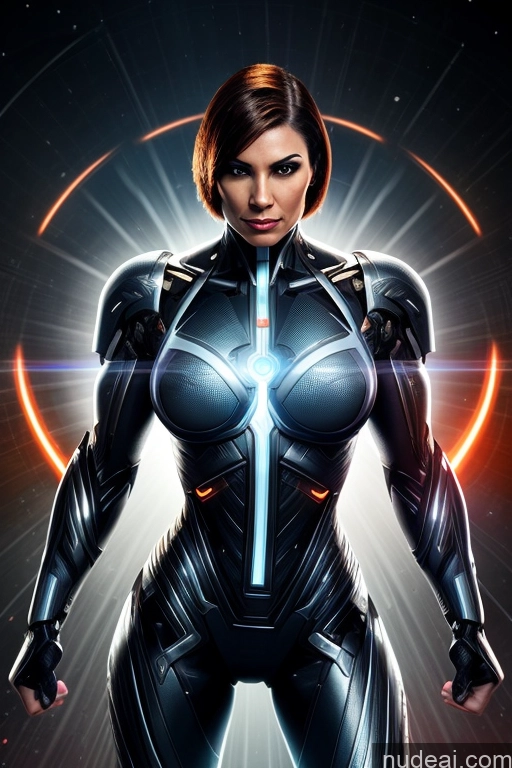 ai nude image of a woman in a futuristic suit with a glowing halo around her pics of Cyborg Busty Muscular Science Fiction Style Dynamic View Heat Vision Powering Up Bobcut Moon Latina Sci-fi Armor