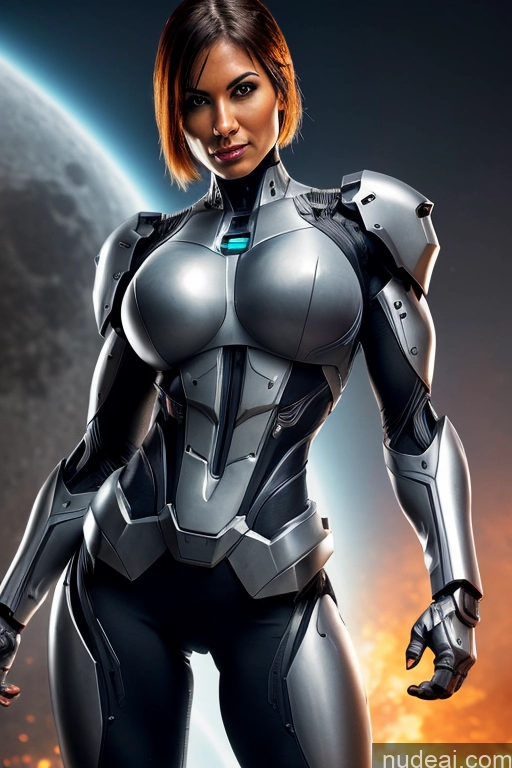 Cyborg Busty Muscular Science Fiction Style Dynamic View Heat Vision Powering Up Bobcut Moon Latina Sci-fi Armor Abs Mech Suit Mecha Musume + Gundam + Mecha Slider