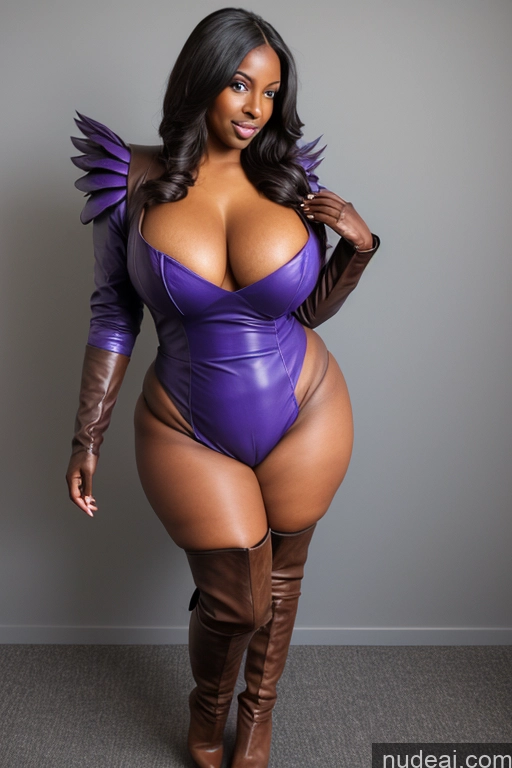 ai nude image of araffe dressed in a purple bodysuit and brown boots posing for a picture pics of Woman Busty Perfect Boobs Purple Wings, Blue Dress, Bridal Gauntlets, Knee Boots Dark Skin Boots Leather Jacket Teacher Professor
