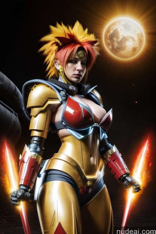 ai nude image of a close up of a woman in a gold suit holding a sword pics of Ukraine Busty Abs Front View Muscular Super Saiyan 4 Woman Neon Lights Clothes: Blue Blue Hair SuperMecha: A-Mecha Musume A素体机娘