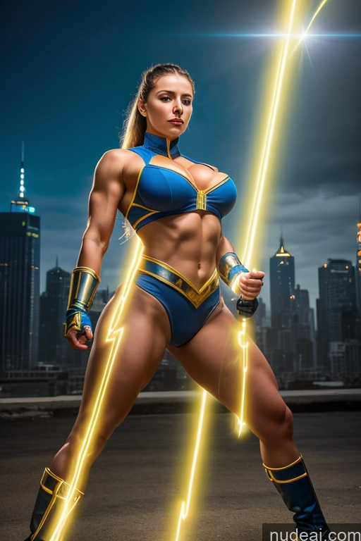 ai nude image of arafed woman in a blue and yellow outfit posing with a sword pics of Ukraine Busty Abs Front View Muscular Powering Up Cosplay Science Fiction Style