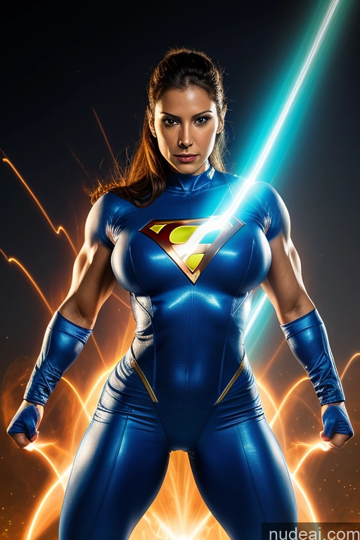 Israel Cosplay Muscular Science Fiction Style Dynamic View Heat Vision Powering Up Busty Superheroine