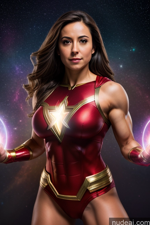 ai nude image of a close up of a woman in a red and gold costume pics of Mary Thunderbolt Cosplay Small Tits Powering Up Neon Lights Clothes: Red Superhero Abs Muscular Superheroine Busty Space