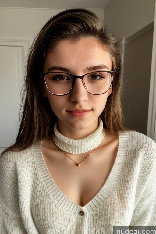 ai nude image of arafed woman wearing glasses and a white sweater posing for a picture pics of Short Skinny Glasses 18 White Choker Small Tits Sweater