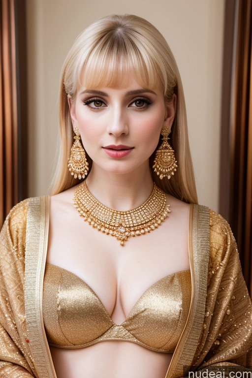 ai nude image of blond woman in gold dress with gold jewelry and gold jewelry pics of Fairer Skin Bangs Sari Gold Jewelry Perfect Boobs