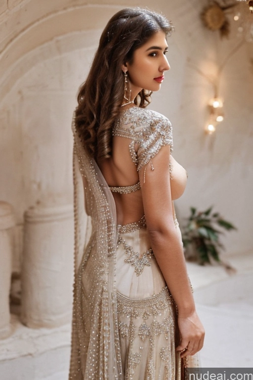 ai nude image of a woman in a beige dress with a gold and silver blouse pics of Milf One Busty Big Ass 70s Long Hair Indian Wedding Dress Extension (Champagne) Back View