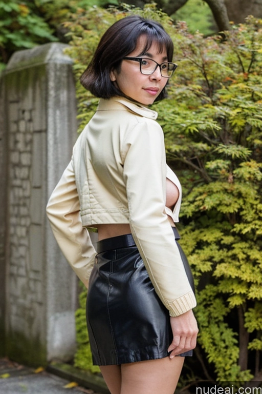 ai nude image of araffe woman in a short skirt and jacket posing for a picture pics of Busty Big Ass 70s Long Hair Indian Beach Milf Maiko Shimazaki, Mature Female, Glasses, Jacket, Pencil Skirt, Miniskirt