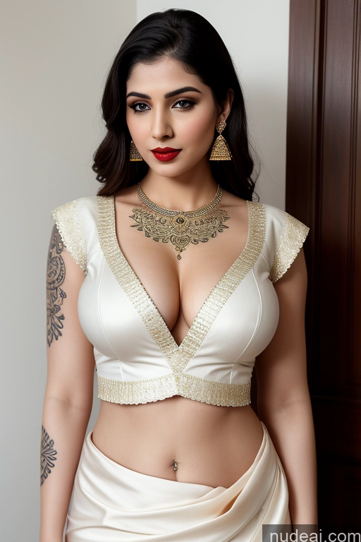 ai nude image of araffed woman in a white dress posing for a picture pics of Tattoos Lipstick Indian Fairer Skin Blouse Sari Perfect Boobs Big Hips