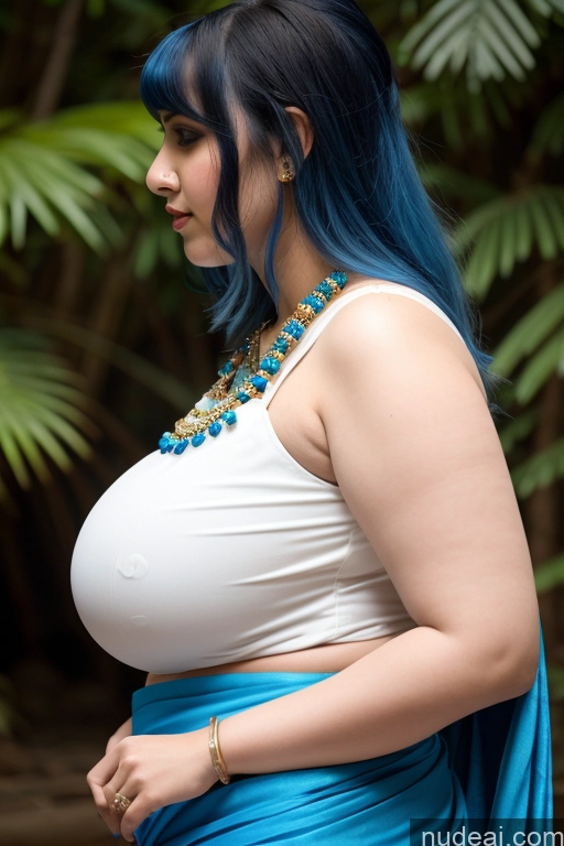 ai nude image of araffe woman with blue hair and a blue skirt in a forest pics of Indian Fairer Skin Big Hips Bangs Blouse Sari Busty Side View Blue Hair