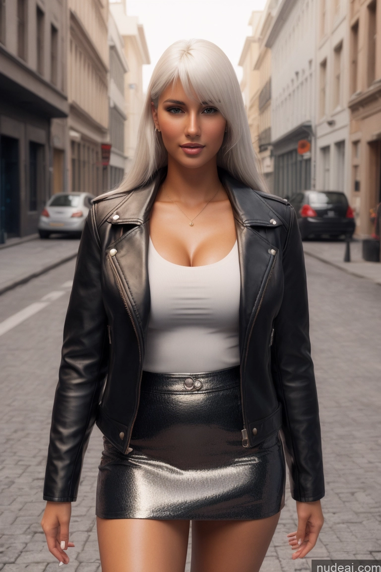 ai nude image of blond woman in a black leather jacket and skirt walking down a street pics of Woman One Beautiful Skinny Long Legs Tall Perfect Body Tanned Skin Chubby 20s Sexy Face White Hair White 3d Mini Skirt High Heels Cleavage Bright Lighting Detailed Street Bangs Golf Jacket Leather