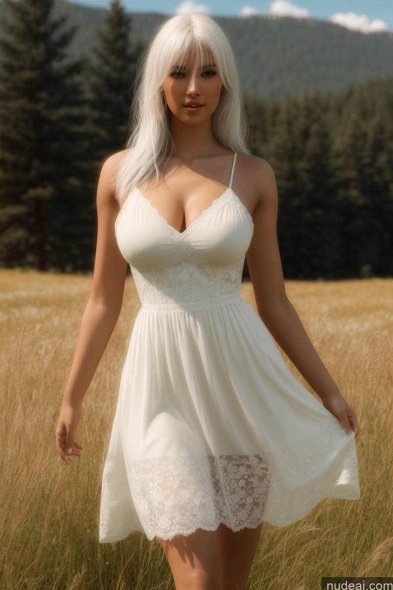 ai nude image of blonde woman in white dress walking through a field of tall grass pics of Woman One Beautiful Skinny Long Legs Tall Perfect Body Chubby 20s Sexy Face White Hair White 3d Cleavage Bright Lighting Detailed Bangs Meadow Dress Long Skirt Dark Skin