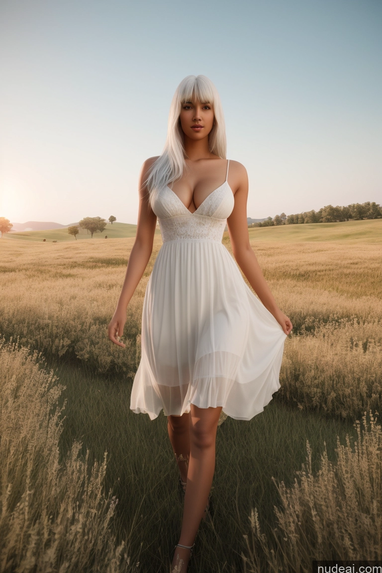 ai nude image of araffe woman in a white dress walking through a field pics of Woman One Beautiful Skinny Long Legs Tall Perfect Body Chubby 20s Sexy Face White Hair White 3d Cleavage Bright Lighting Detailed Bangs Meadow Dress Long Skirt Dark Skin