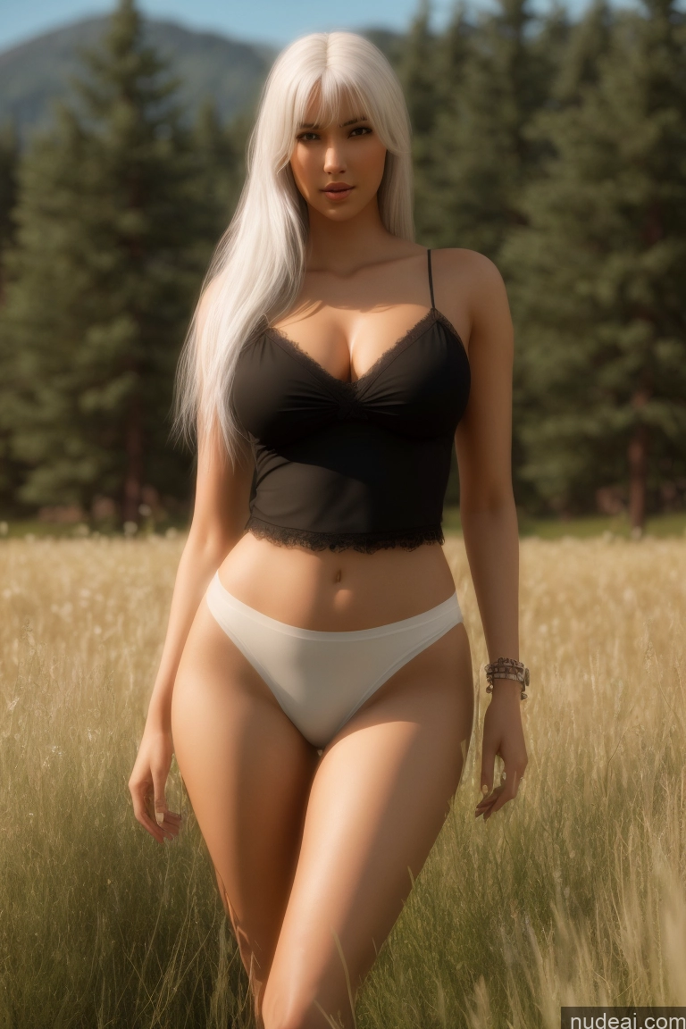 ai nude image of blond woman in a black top and white panties walking through a field pics of Woman One Beautiful Skinny Long Legs Tall Perfect Body Chubby 20s Sexy Face White Hair White 3d Cleavage Bright Lighting Detailed Bangs Meadow Dark Skin Shirt