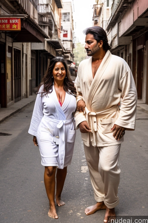 ai nude image of there is a man and woman walking down a street together pics of Busty Big Ass 70s Sexy Face Long Hair Indian Street Bathrobe Reverse Cowgirl Woman + Man