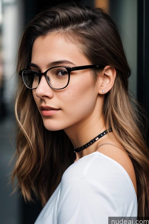 ai nude image of arafed woman with glasses and a choke standing in front of a building pics of Short Skinny Glasses 18 White Skin Detail (beta) Choker Shirt Jeans Side View