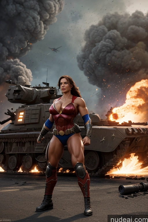 ai nude image of arafed woman in a costume standing in front of a tank pics of Superhero Military Busty Small Tits Muscular Abs Front View Superheroine Battlefield Powering Up