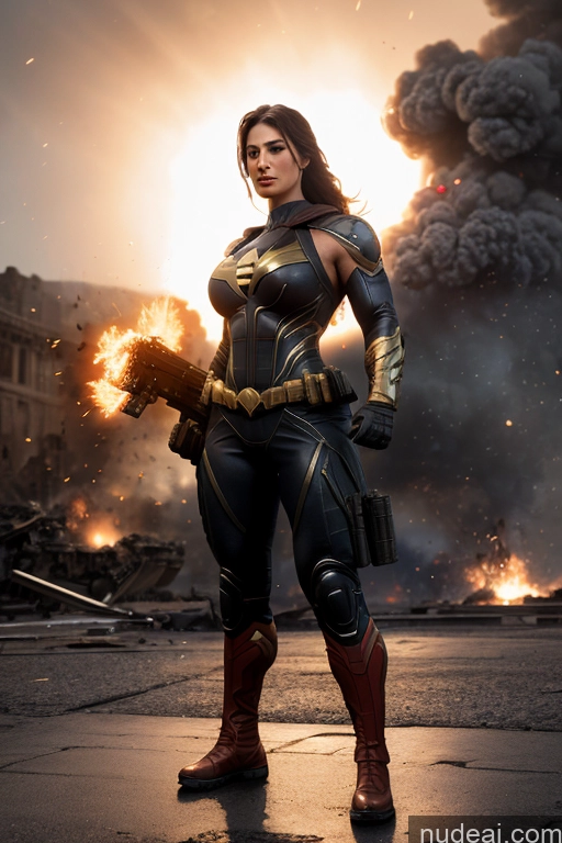 ai nude image of araffe woman in a black outfit holding a gun and a fire pics of Superhero Military Busty Small Tits Muscular Abs Front View Superheroine Battlefield Powering Up