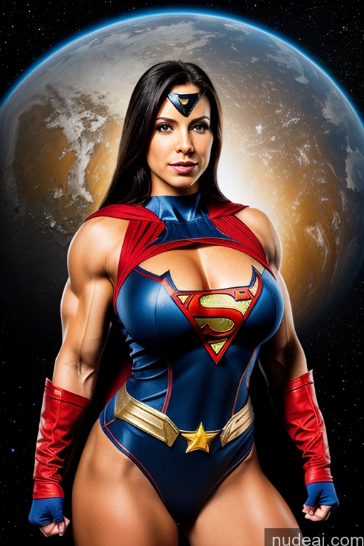 ai nude image of arafed woman in a superman costume posing in front of a planet pics of Superhero Military Busty Small Tits Muscular Abs Front View Superheroine Space