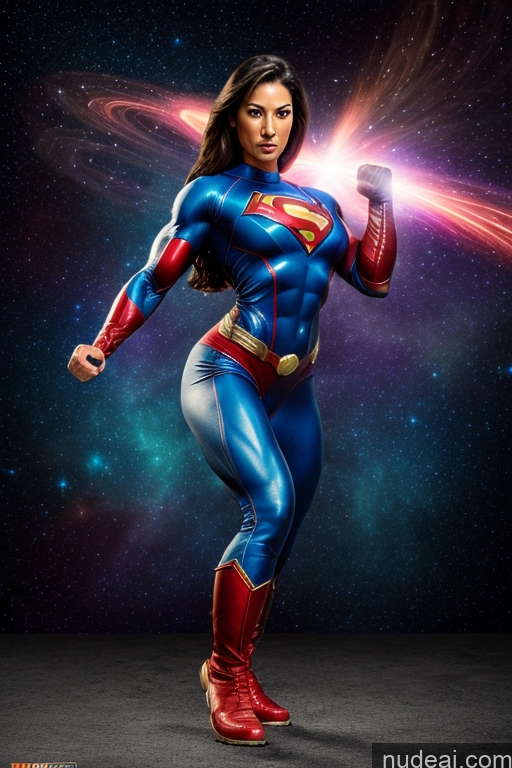 Superhero Military Muscular Abs Front View Superheroine Space Powering Up