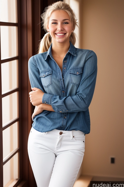 related ai porn images free for Woman One 18 Happy Blonde Ponytail White Front View Jeans Dark Lighting Blouse
