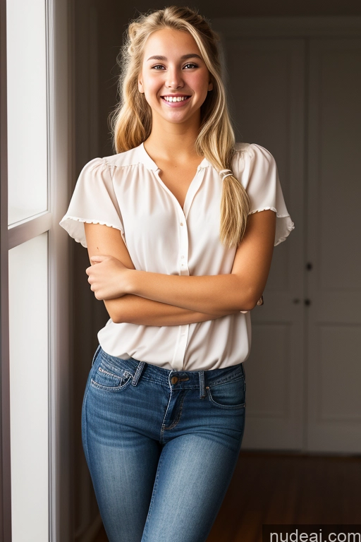 ai nude image of arafed woman standing in front of a window with her arms crossed pics of Woman One 18 Happy Blonde Ponytail White Front View Jeans Dark Lighting Blouse