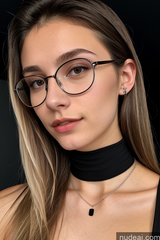 ai nude image of a close up of a woman wearing glasses and a choke pics of 18 Skinny Glasses Short White Choker Brunette