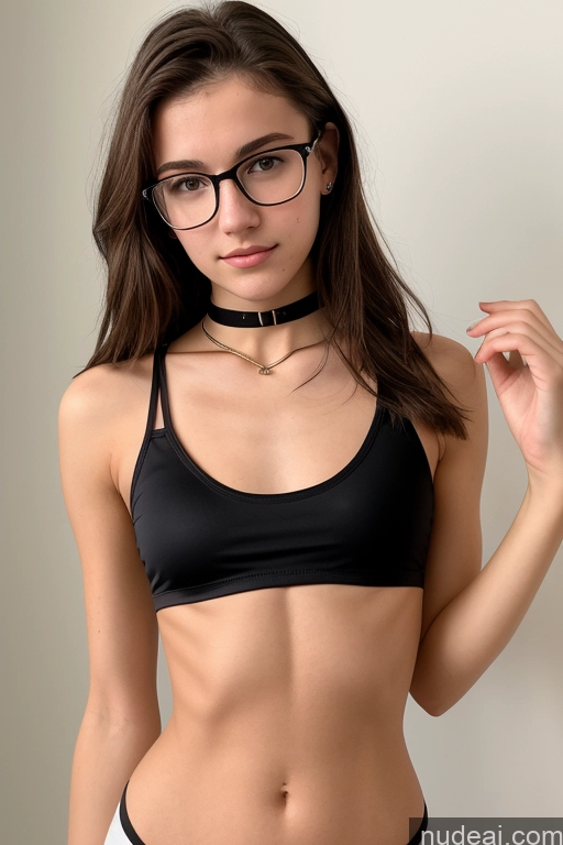 ai nude image of arafed woman in a black bikini and glasses posing for a picture pics of 18 Skinny Glasses Short White Choker Crop Top Brunette