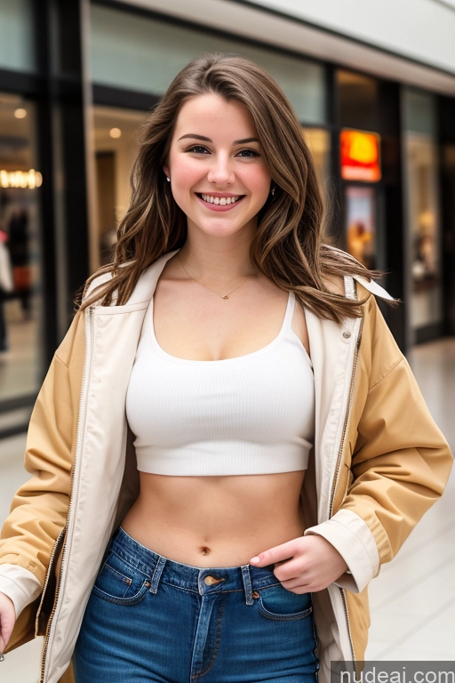 ai nude image of arafed woman in a white top and blue jeans standing in a mall pics of Small Tits Fairer Skin 18 Happy Brunette White Front View Jeans One Casual Crop Top Jacket Shirt Mall