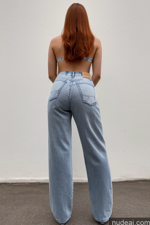 ai nude image of arafed woman in a blue top and jeans standing in front of a white wall pics of High-waist Jeans Model One 18 Ginger Straight Russian Back View